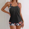 Ensemble tankini à motif floral imprimé  Maillot de bain pour fille : soutien-gorge sans bretelles à bretelles réglables et short de bain à motif floral, bikini à cordon de serrage, ensemble de plage pour femme