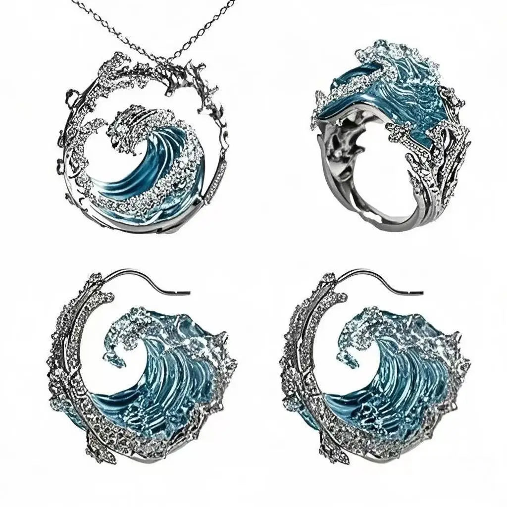 4PCS Set Wave Rings Earrings Pendants Sets Ocean Style