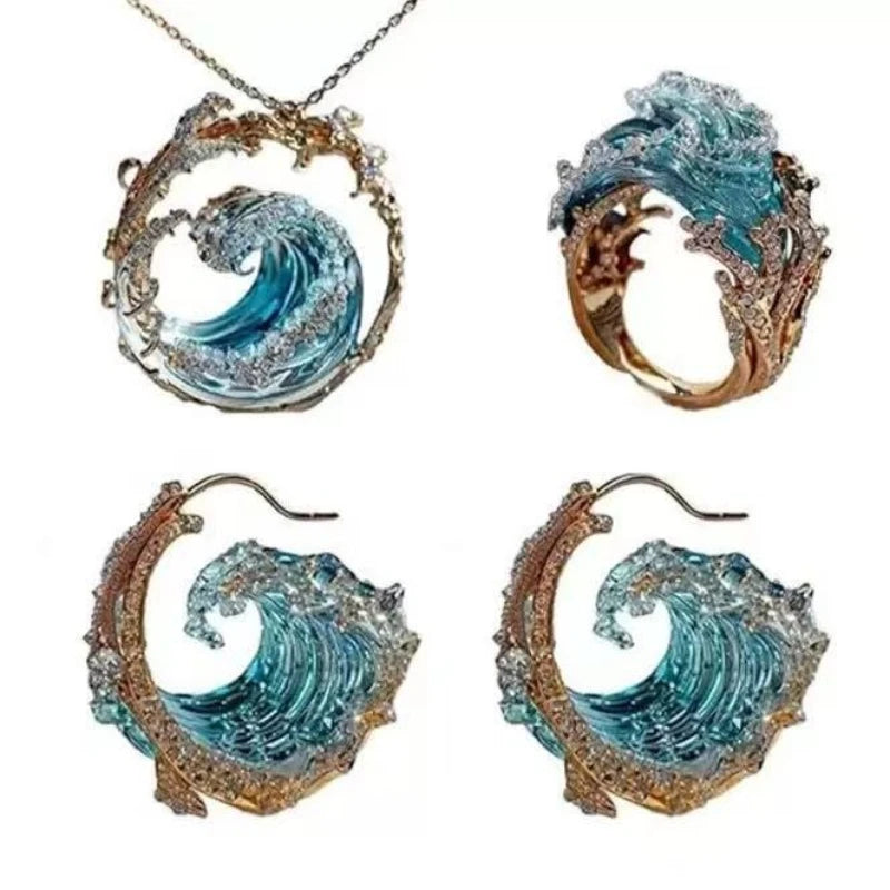 4PCS Set Wave Rings Earrings Pendants Sets Ocean Style