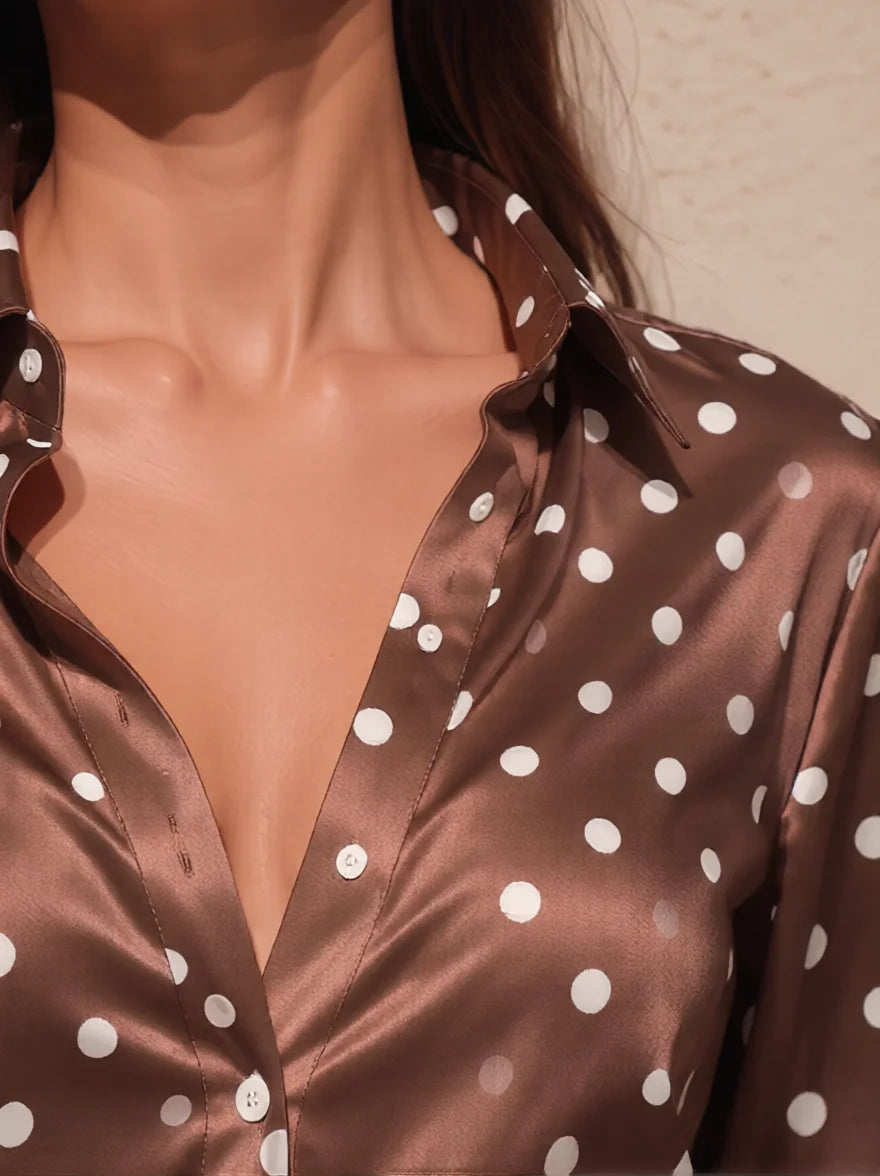 Art de Vague au Coucher de Soleil Chemise Satinée Femme Manches Longues Boutonnée Blouse Effet Soie Col Revers V Cou Détaché Top de Bureau de Fête Grande Taille S-3XL