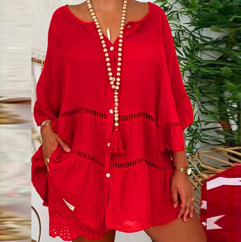 Robe d'été sexy, ample et ajourée, col en V, manches longues, en coton et lin, robes de soirée oversize, tailles S à 5XL