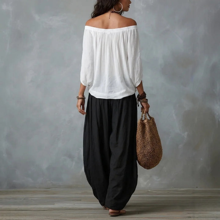 Ensemble T-shirt Off-Shoulder et Pantalon Large, Élégant et à la Mode