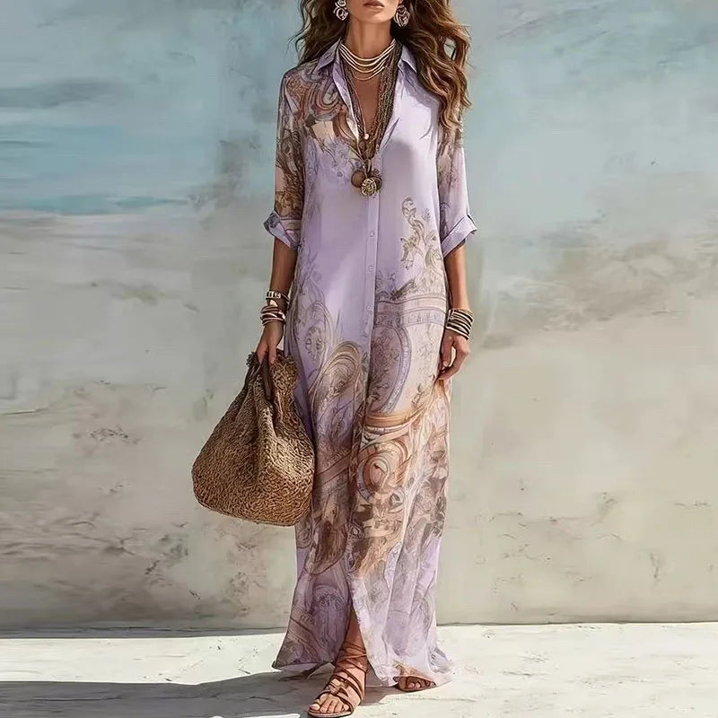 Robe chemise d'été bohème à imprimé floral pour femme, style décontracté, avec revers, manches 3/4, boutonnée, coupe ample, longue, robe maxi, pour la plage et les vacances, robe d'été fluide