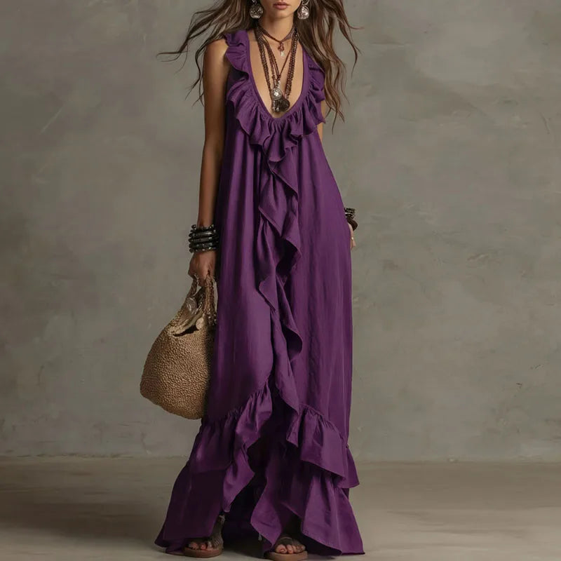 Robe longue bohème à volants pour femme, ourlet irrégulier, col en V profond, coupe ample, robe de soirée longue, nouveauté été, sans manches, couleur unie, robe de plage
