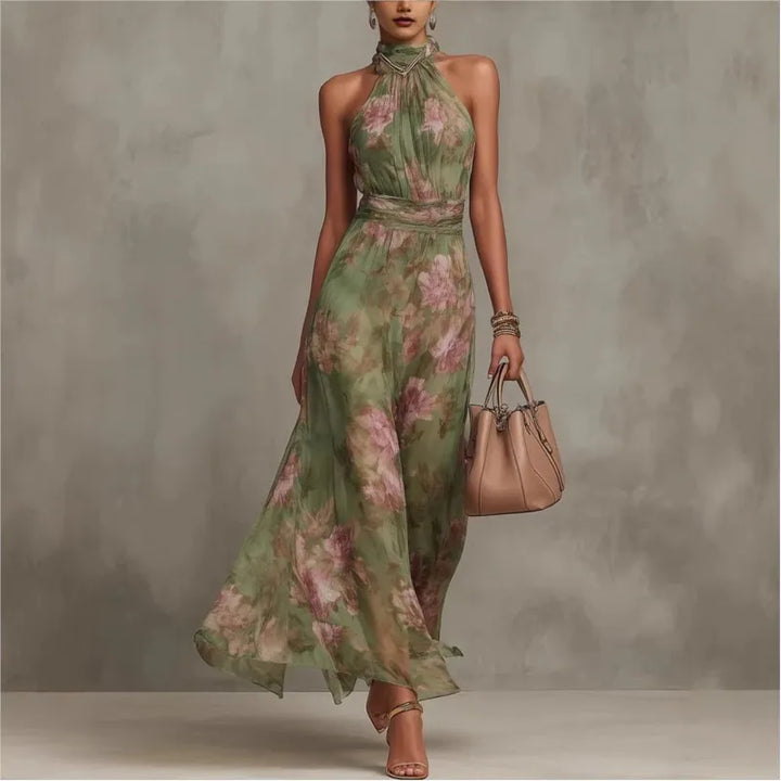 Robe longue pour femme, imprimé floral vert, dos nu, sans manches, col montant, taille froncée, en mousseline fluide, robe de soirée