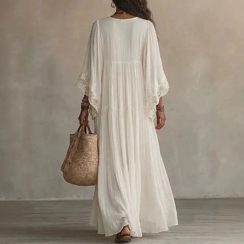 Robes longues vintage en dentelle unie pour femme, col en V profond, manches évasées larges, plis, coupe ample à volants, robe longue élégante pour les vacances et les voyages