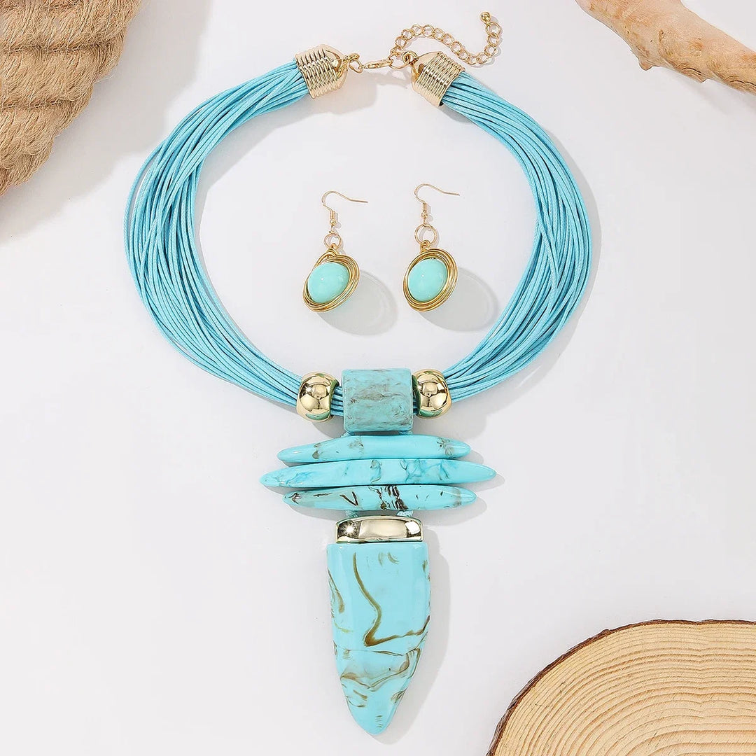 Ensemble de bijoux western mode irrégulier imitation turquoise collier en corde cirée et boucles d'oreilles