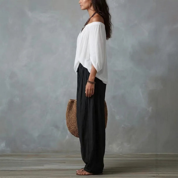 Ensemble T-shirt Off-Shoulder et Pantalon Large, Élégant et à la Mode