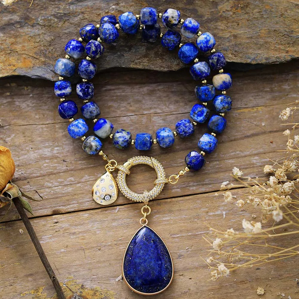 Collier Lariat en Perles avec Pendentif en Améthyste Naturelle