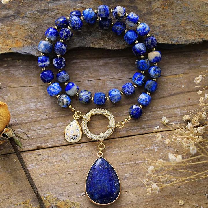 Collier Lariat en Perles avec Pendentif en Améthyste Naturelle