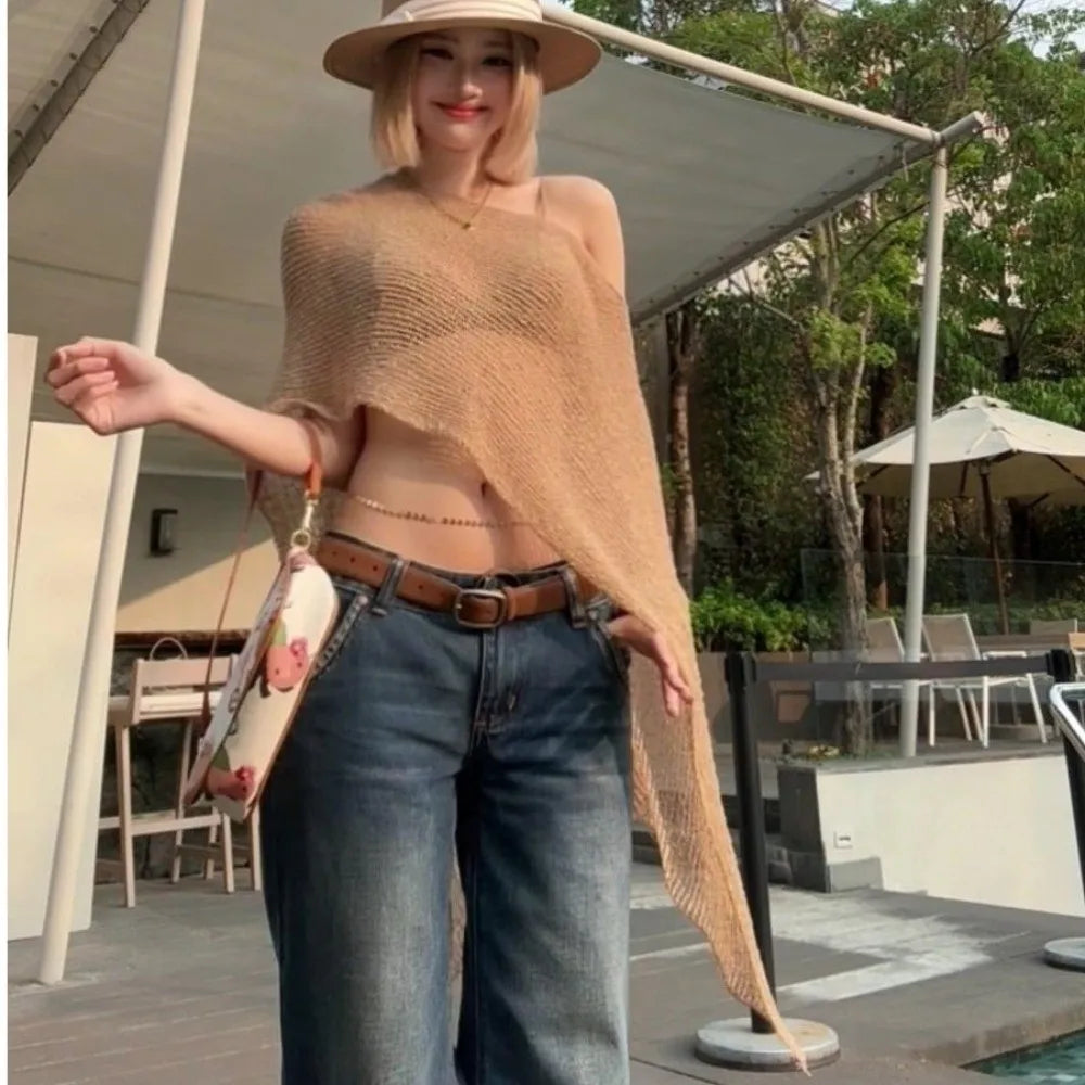 Poncho décontracté au crochet, à épaules tombantes, transparent, à motifs irréguliers, paréo de plage, haut court polyvalent, tenues de vacances