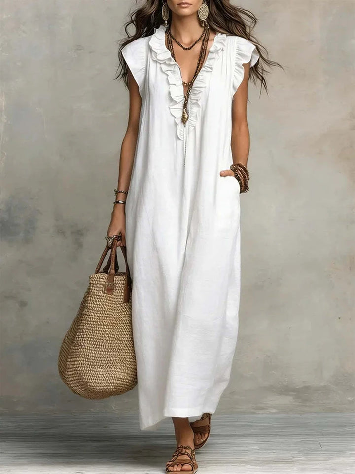 2026 New Bohemian Maxi Dress Ladies Ruffle V Neck Sleeveless Loose Fit Long Sundress Casual Solid With Pockets Dress