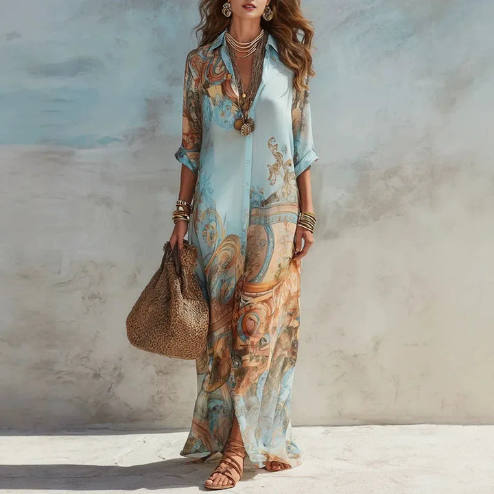 Robe chemise d'été bohème à imprimé floral pour femme, style décontracté, avec revers, manches 3/4, boutonnée, coupe ample, longue, robe maxi, pour la plage et les vacances, robe d'été fluide