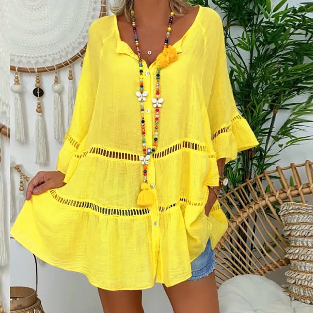Robe d'été sexy, ample et ajourée, col en V, manches longues, en coton et lin, robes de soirée oversize, tailles S à 5XL