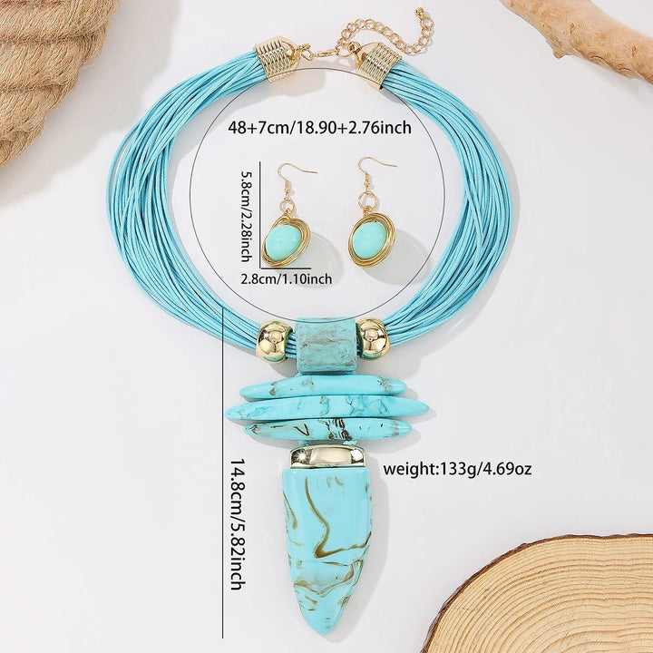 Ensemble de bijoux western mode irrégulier imitation turquoise collier en corde cirée et boucles d'oreilles