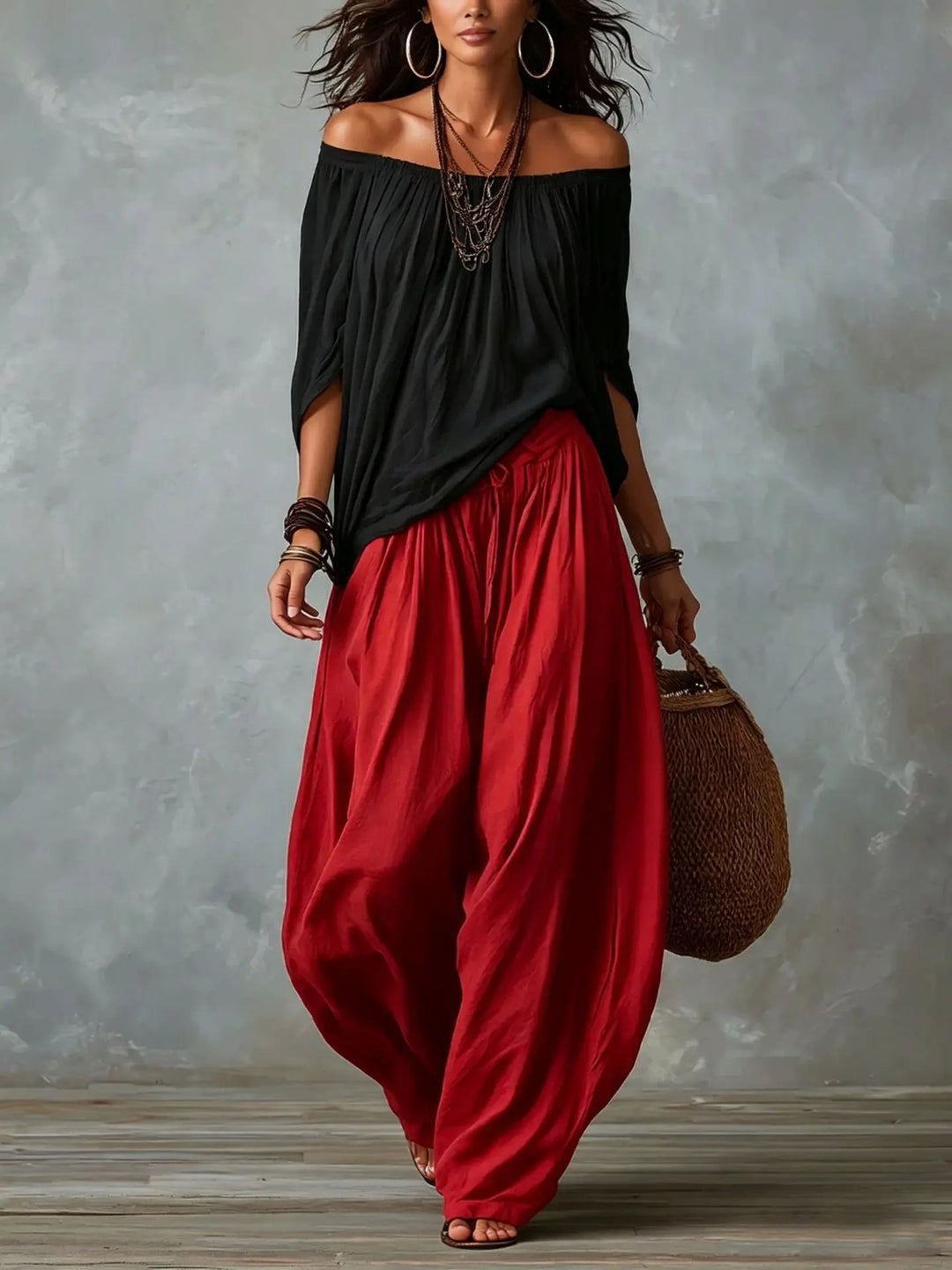 Ensemble T-shirt Off-Shoulder et Pantalon Large, Élégant et à la Mode