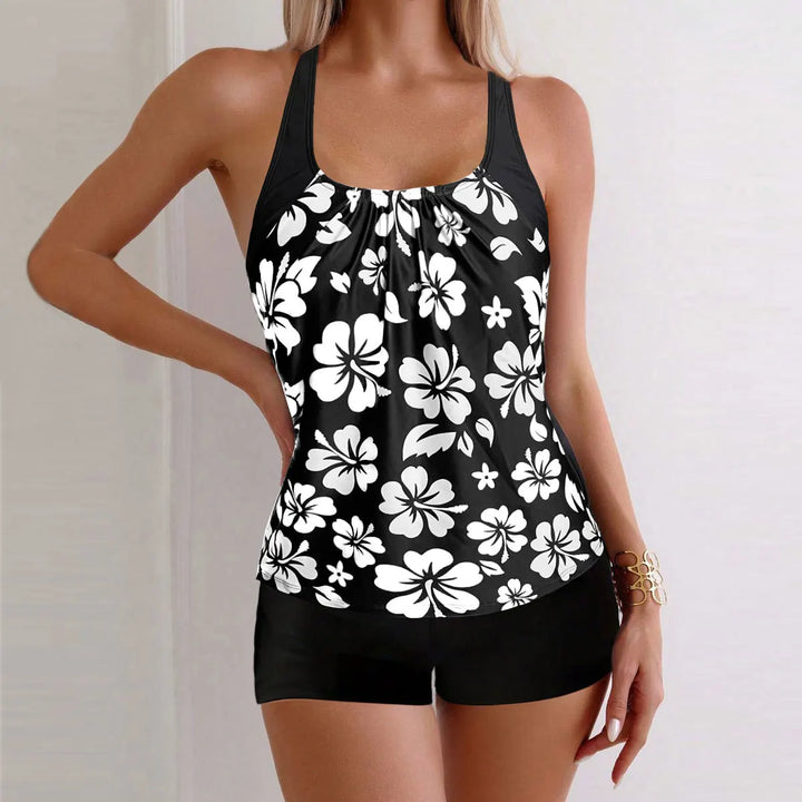Ensemble tankini à motif floral imprimé  Maillot de bain pour fille : soutien-gorge sans bretelles à bretelles réglables et short de bain à motif floral, bikini à cordon de serrage, ensemble de plage pour femme