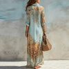 Robe chemise d'été bohème à imprimé floral pour femme, style décontracté, avec revers, manches 3/4, boutonnée, coupe ample, longue, robe maxi, pour la plage et les vacances, robe d'été fluide