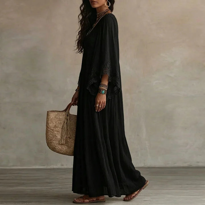 Robes longues vintage en dentelle unie pour femme, col en V profond, manches évasées larges, plis, coupe ample à volants, robe longue élégante pour les vacances et les voyages