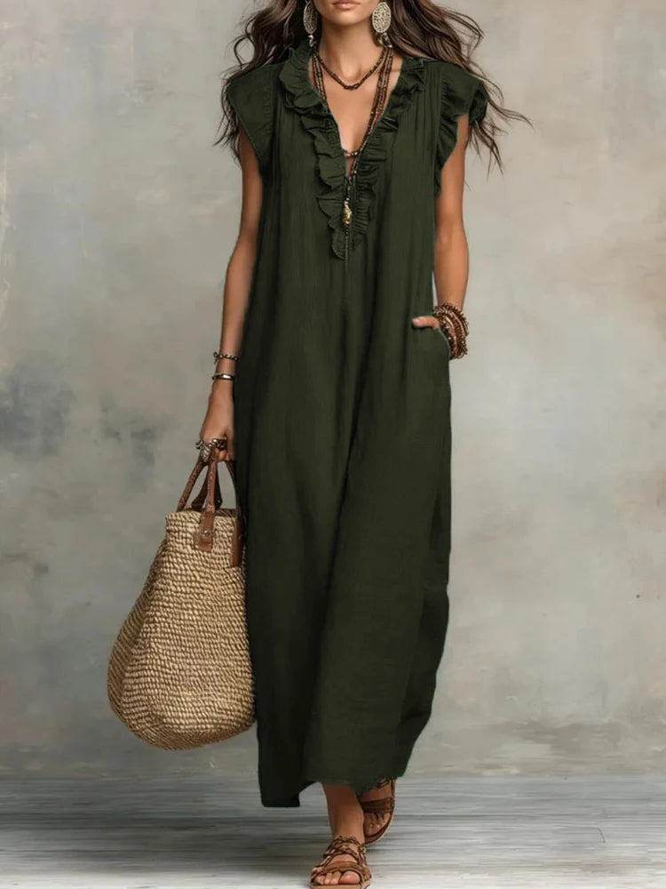 2026 New Bohemian Maxi Dress Ladies Ruffle V Neck Sleeveless Loose Fit Long Sundress Casual Solid With Pockets Dress