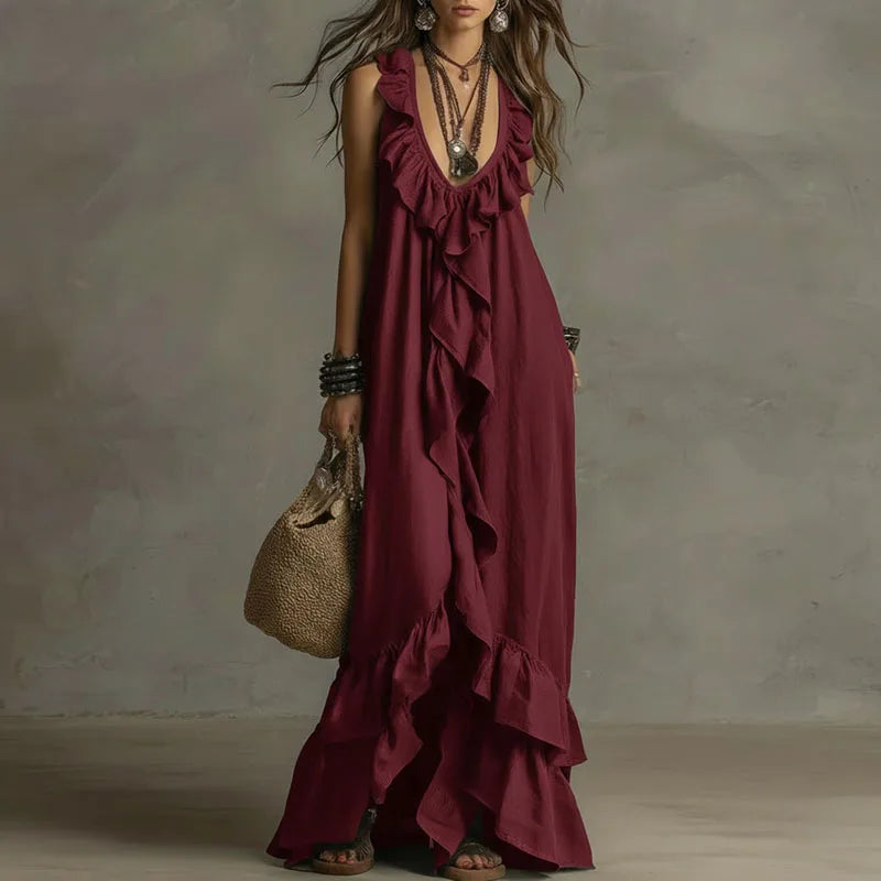 Robe longue bohème à volants pour femme, ourlet irrégulier, col en V profond, coupe ample, robe de soirée longue, nouveauté été, sans manches, couleur unie, robe de plage