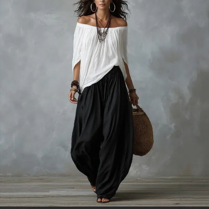 Ensemble T-shirt Off-Shoulder et Pantalon Large, Élégant et à la Mode