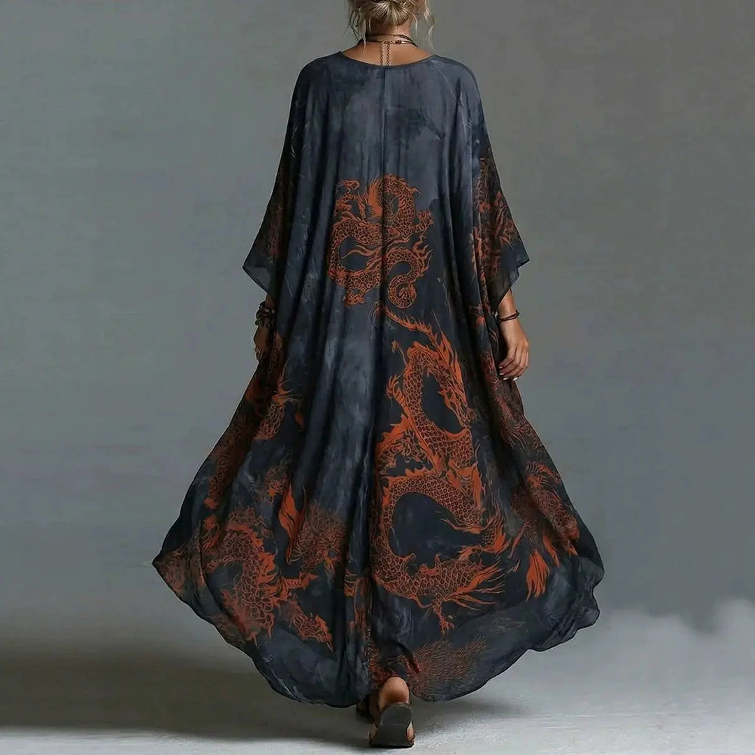 Robe Élégante de Mode à Col V Imprimé Vintage pour Femmes, Robe Décontractée à Manches Chauve-Souris, Robe Couvrante Confortable