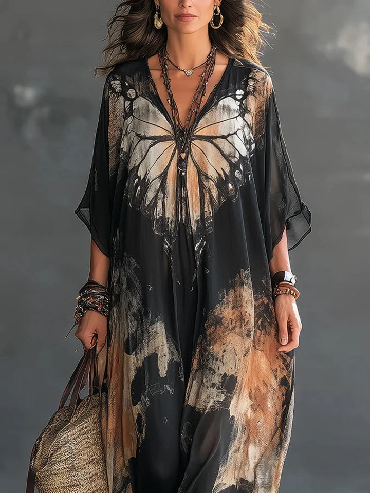 Élégante robe longue en mousseline pour femme, style caftan, à imprimé papillons
