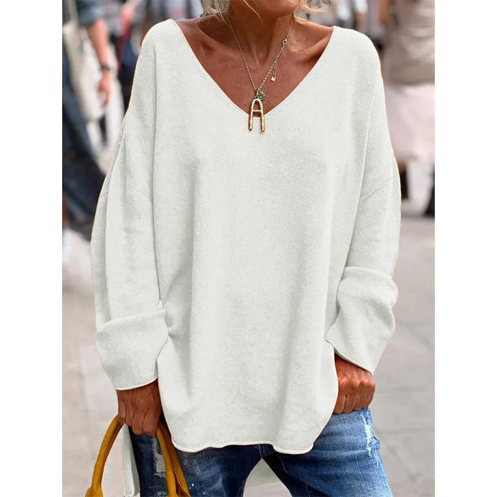 Women's Comfortable V-Neck Long Sleeve Knit Sweater Solid Color Casual Loose Fit Pullover Top Versatile Long Sleeve