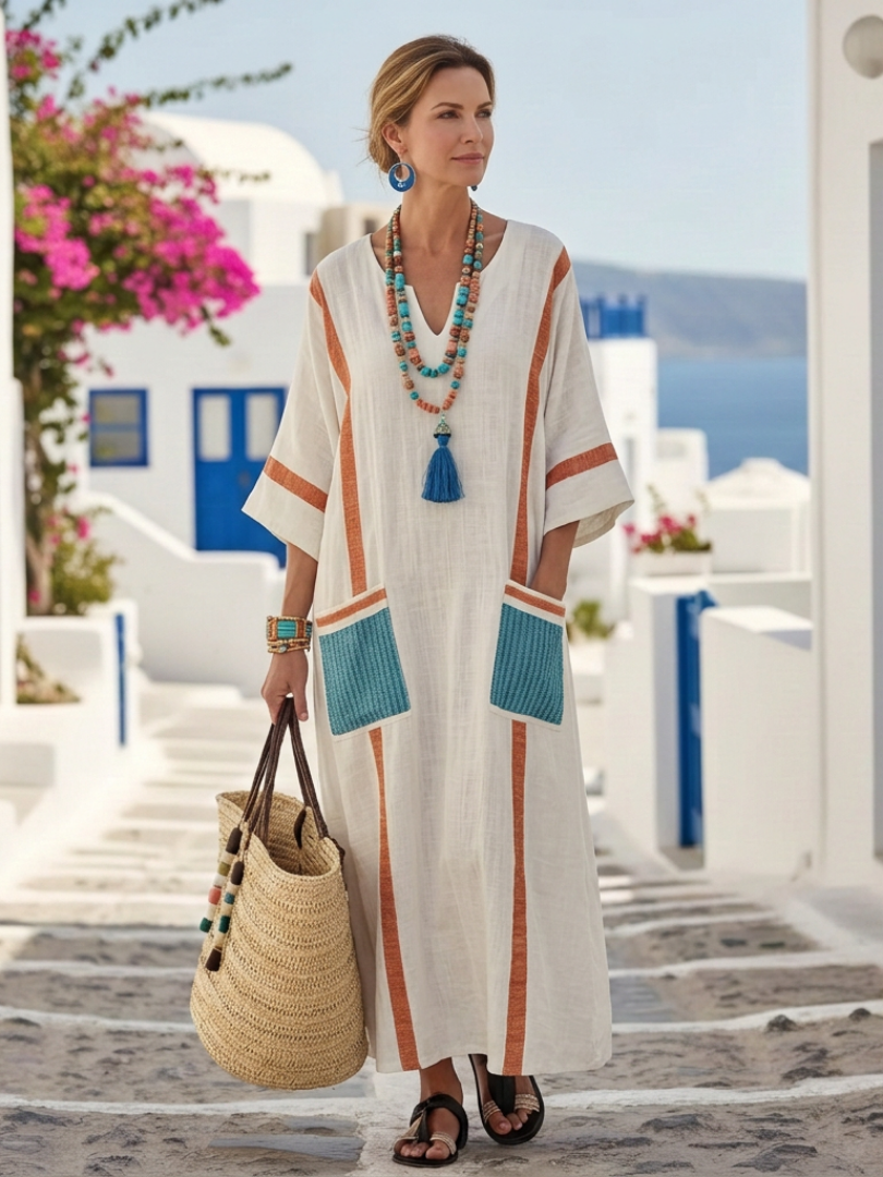 Noemi | Robe maxi à col en V et manches mi-longues avec poches