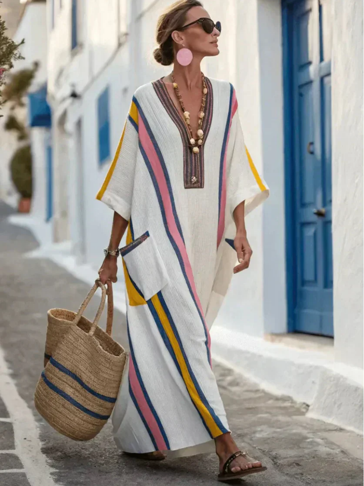 Noemi | Robe maxi à col en V et manches mi-longues avec poches