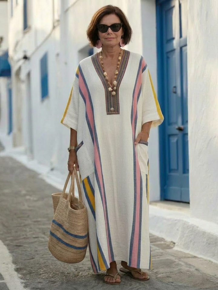 Noemi | Robe maxi à col en V et manches mi-longues avec poches