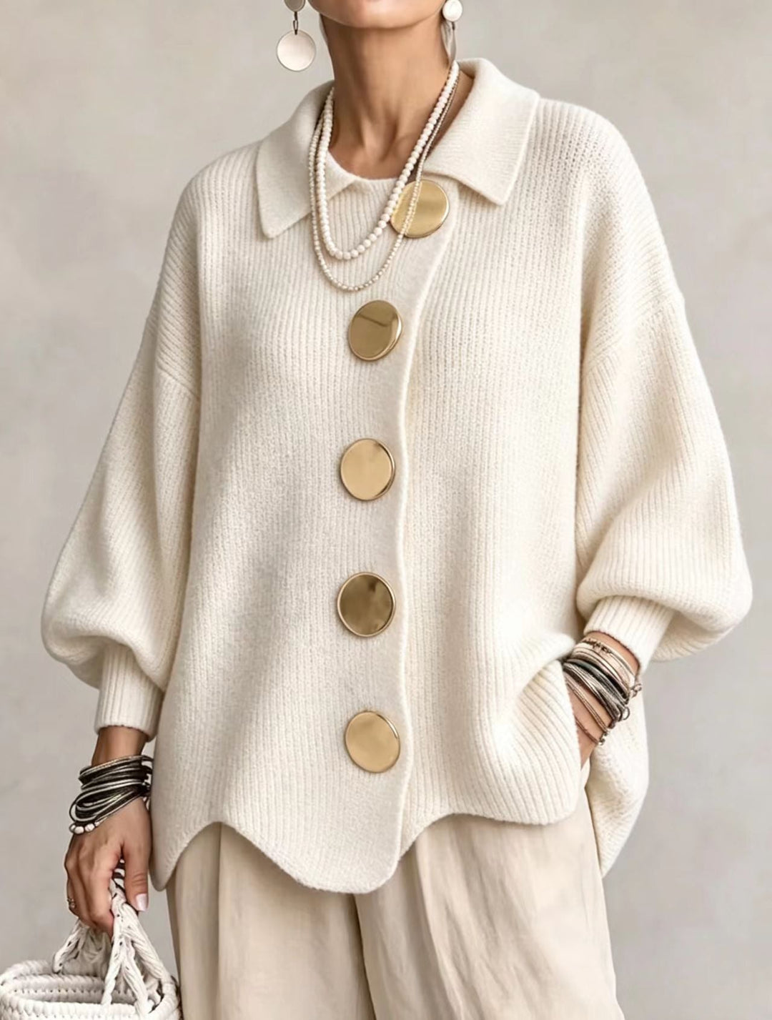 Isadora | Cardigan Oversize avec Col et Grands Boutons en Métal