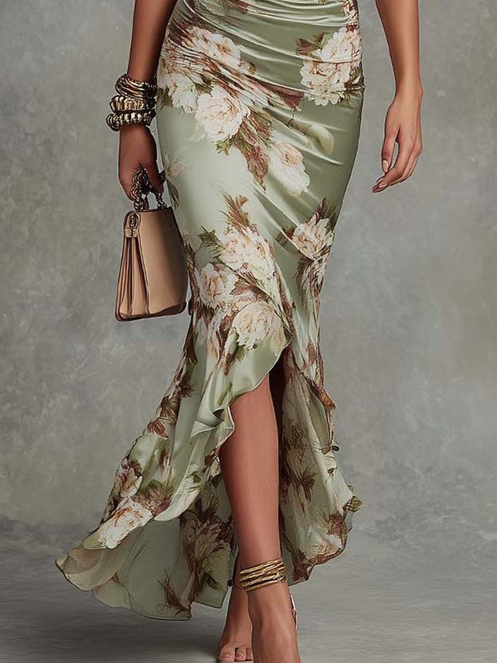 Ophelia | Robe Maxi Asymétrique en Satin à Manches Cloches