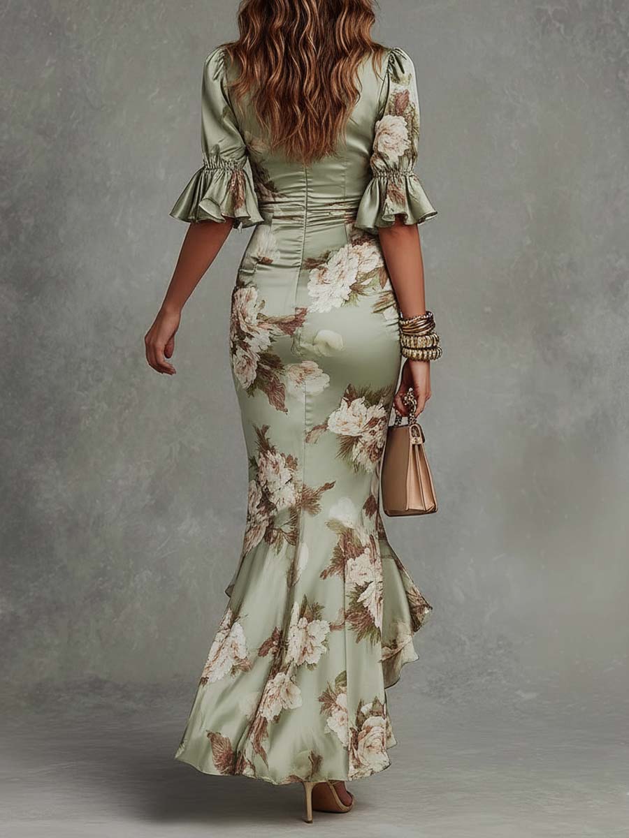 Ophelia | Robe Maxi Asymétrique en Satin à Manches Cloches