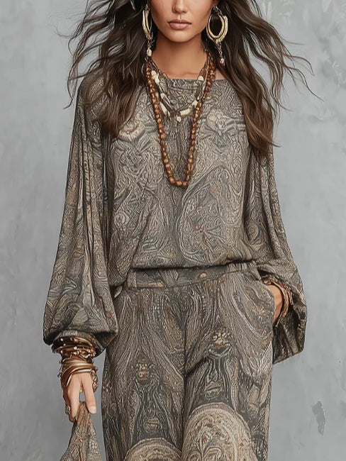 Ensemble gris à motif paisley avec manches bouffantes