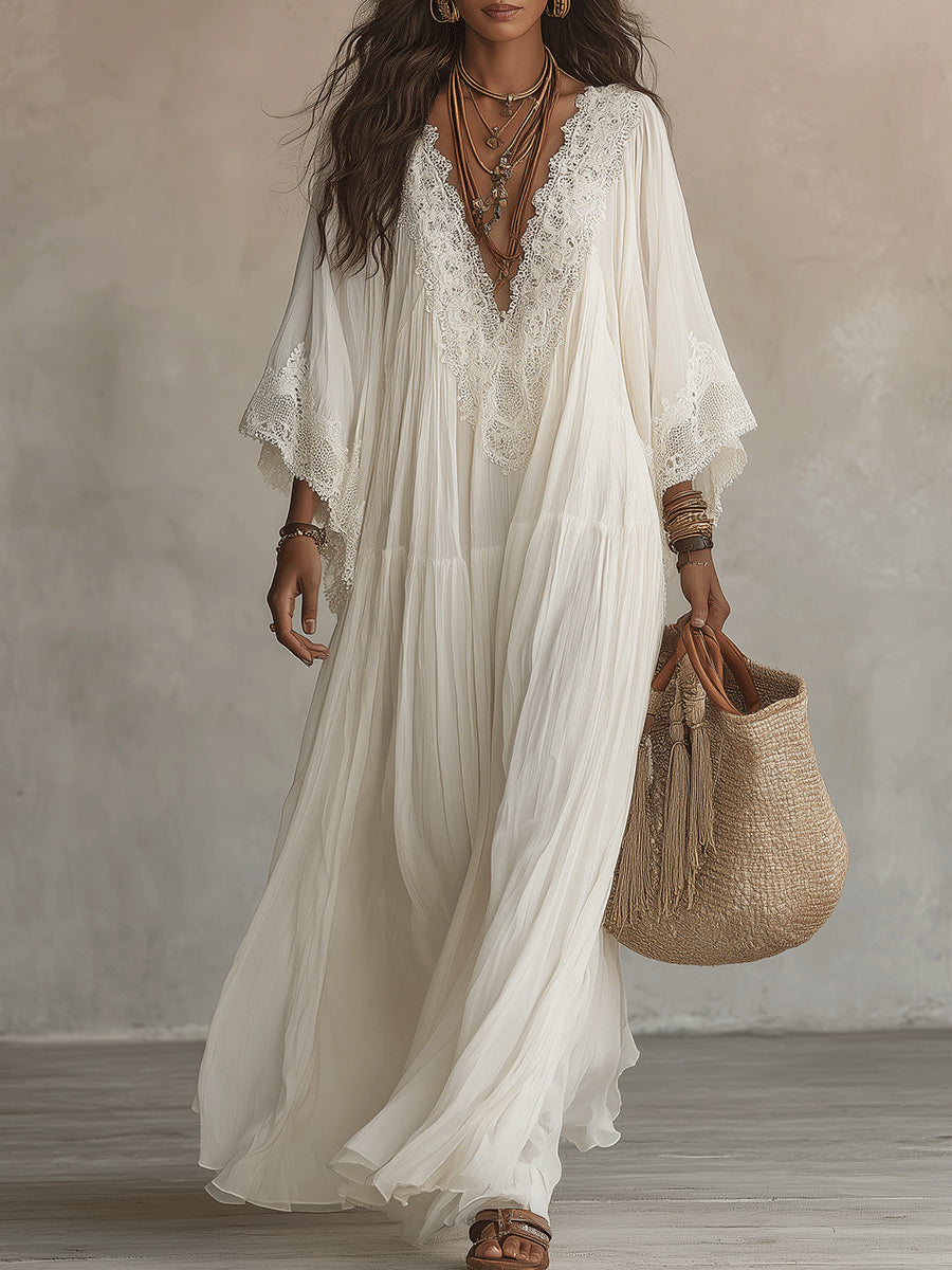 Celeste | Robe longue en chiffon ivoire avec manches chauve-souris et dentelle blanche