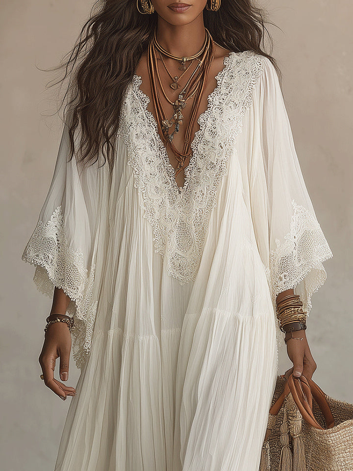 Celeste | Robe longue en chiffon ivoire avec manches chauve-souris et dentelle blanche