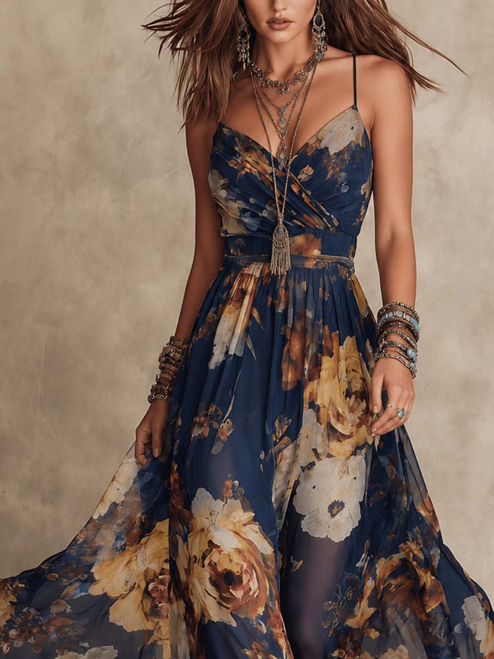 Robe maxi en chiffon imprimé floral bleu marine à bretelles spaghetti