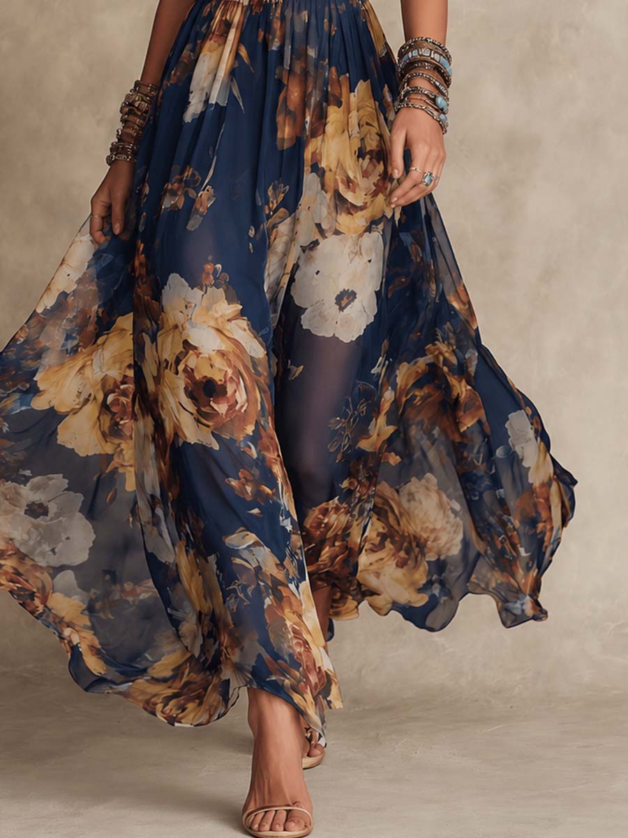 Robe maxi en chiffon imprimé floral bleu marine à bretelles spaghetti