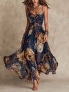 Robe maxi en chiffon imprimé floral bleu marine à bretelles spaghetti