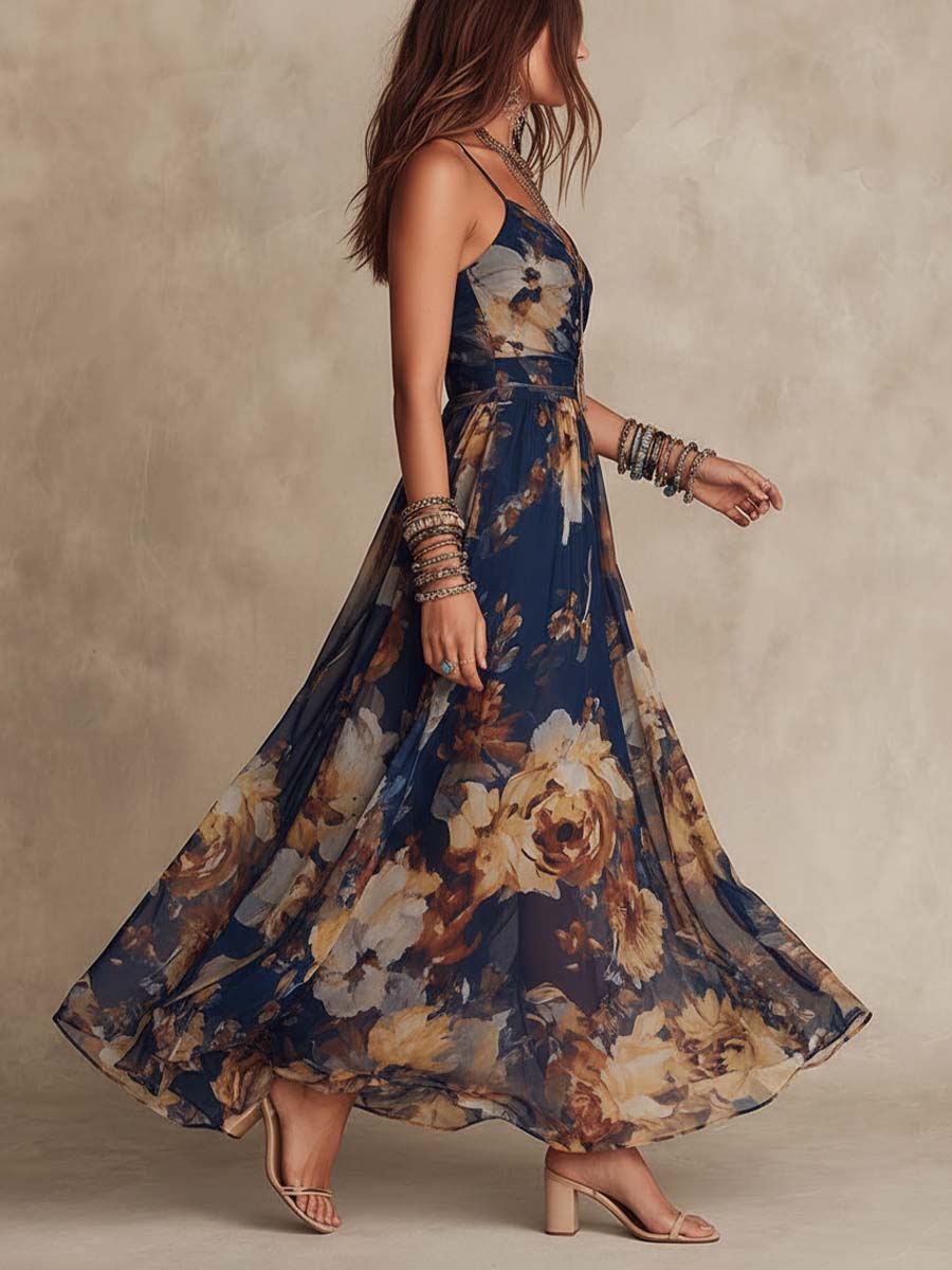 Robe maxi en chiffon imprimé floral bleu marine à bretelles spaghetti