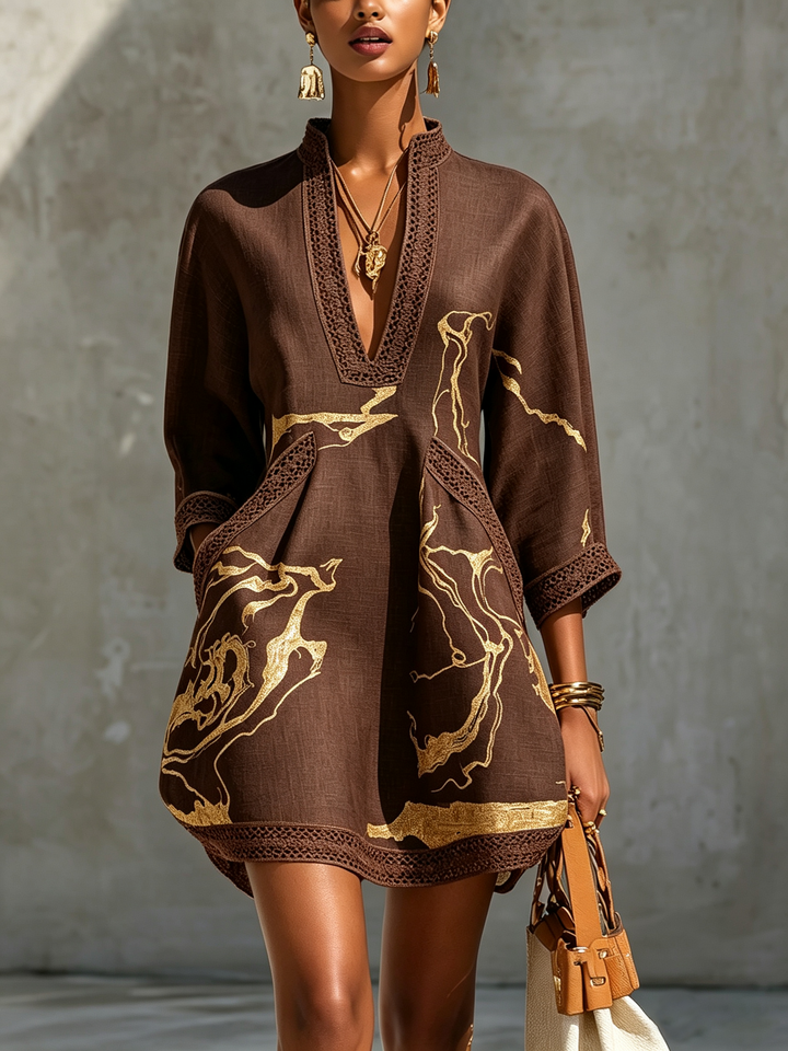 Robe Mini en Dentelle Crochet Imprimée Or Noir