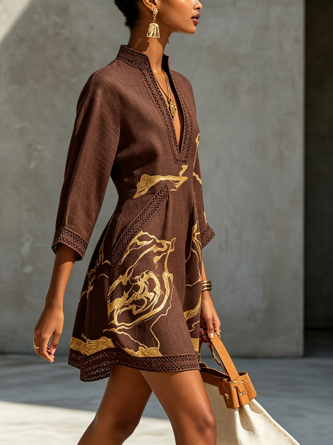 Robe Mini en Dentelle Crochet Imprimée Or Noir