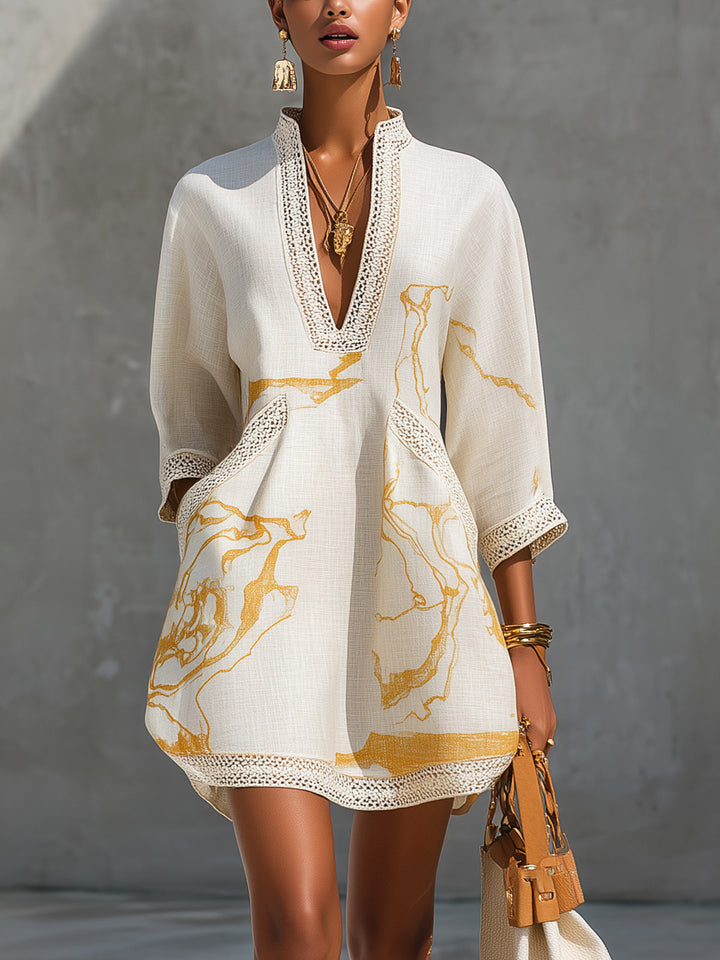 Robe Mini en Dentelle Crochet Imprimée Or Noir