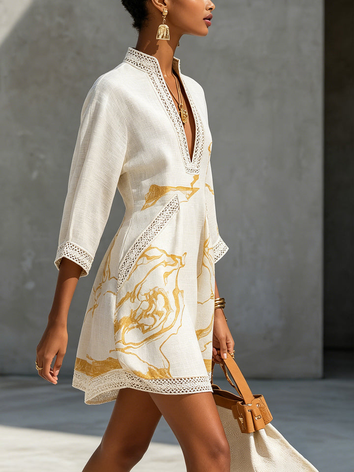 Robe Mini en Dentelle Crochet Imprimée Or Noir