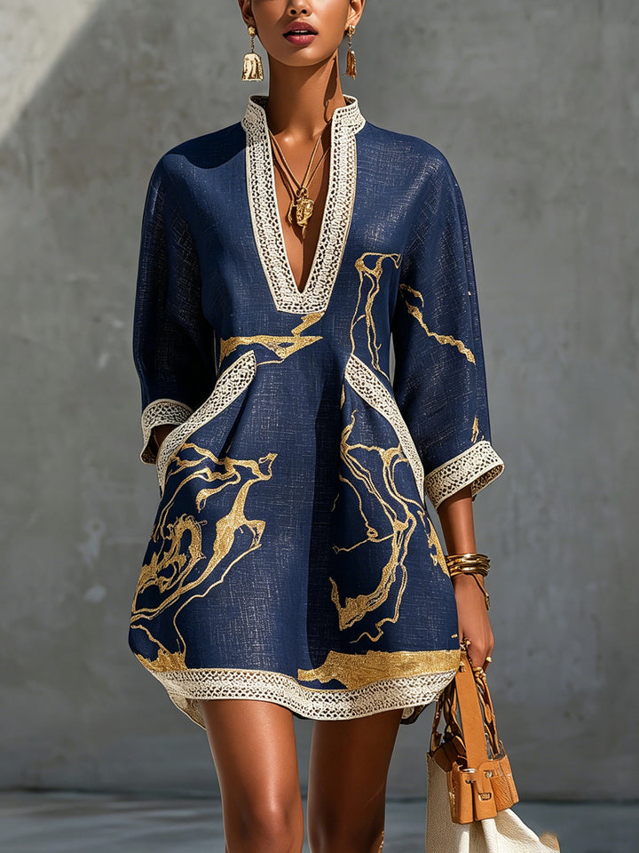 Robe Mini en Dentelle Crochet Imprimée Or Noir