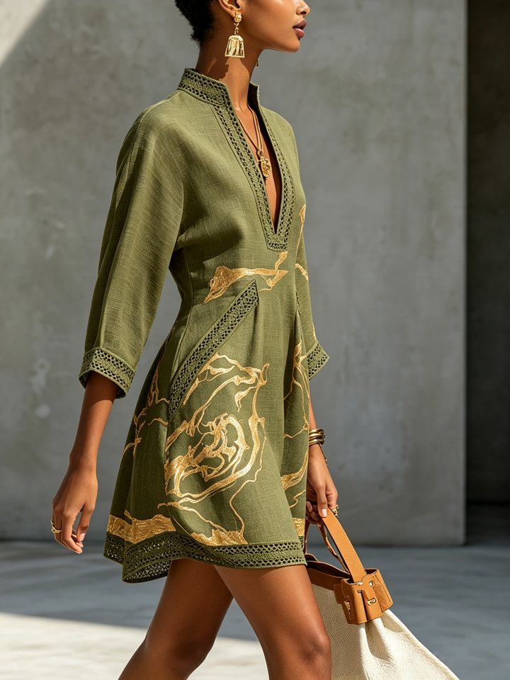 Robe Mini en Dentelle Crochet Imprimée Or Noir
