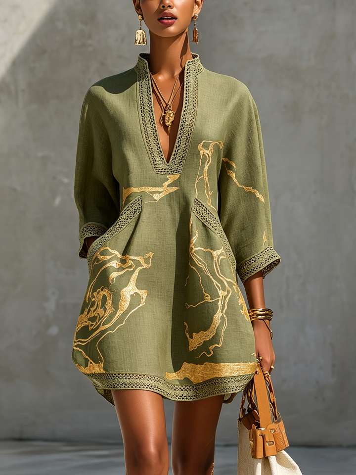 Robe Mini en Dentelle Crochet Imprimée Or Noir