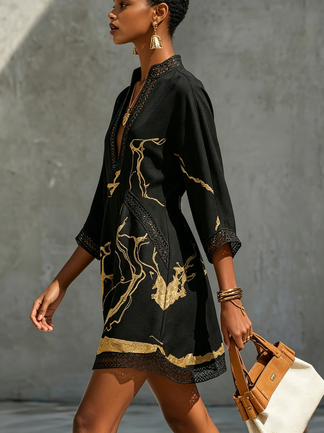 Robe Mini en Dentelle Crochet Imprimée Or Noir